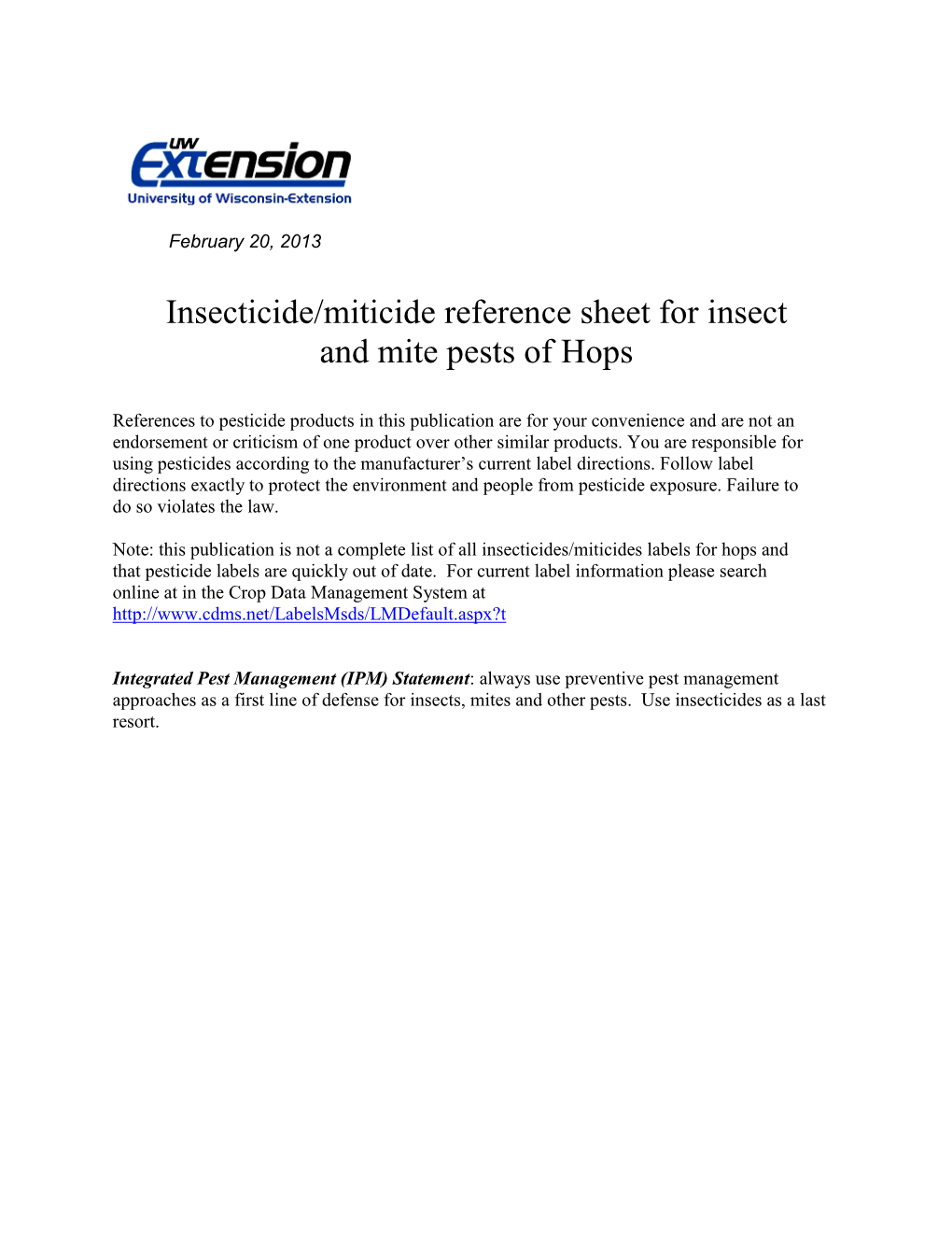 Insecticide/Miticide Reference Sheet for Insect and Mite Pests of Hops