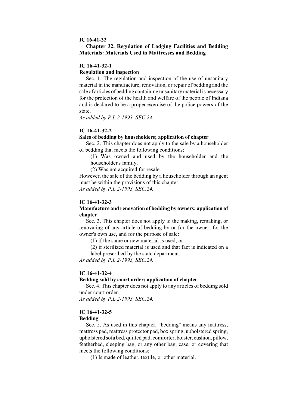 IC 16-41-32 Chapter 32. Regulation of Lodging Facilities and Bedding Materials: Materials Used in Mattresses and Bedding