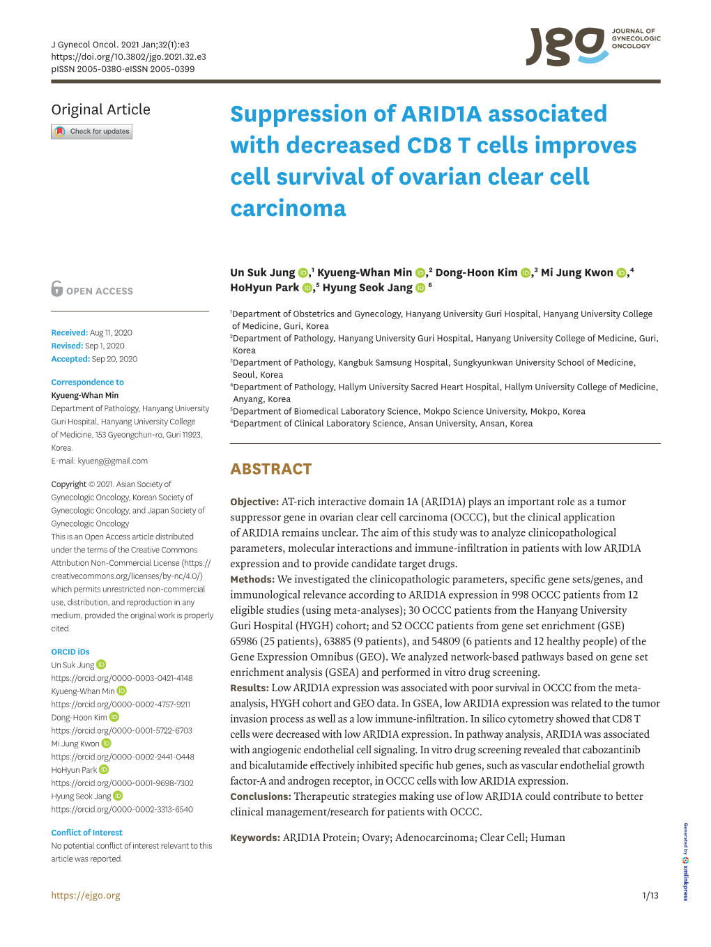 Suppression of ARID1A Associated with Decreased CD8 T Cells Improves Cell Survival of Ovarian Clear Cell Carcinoma