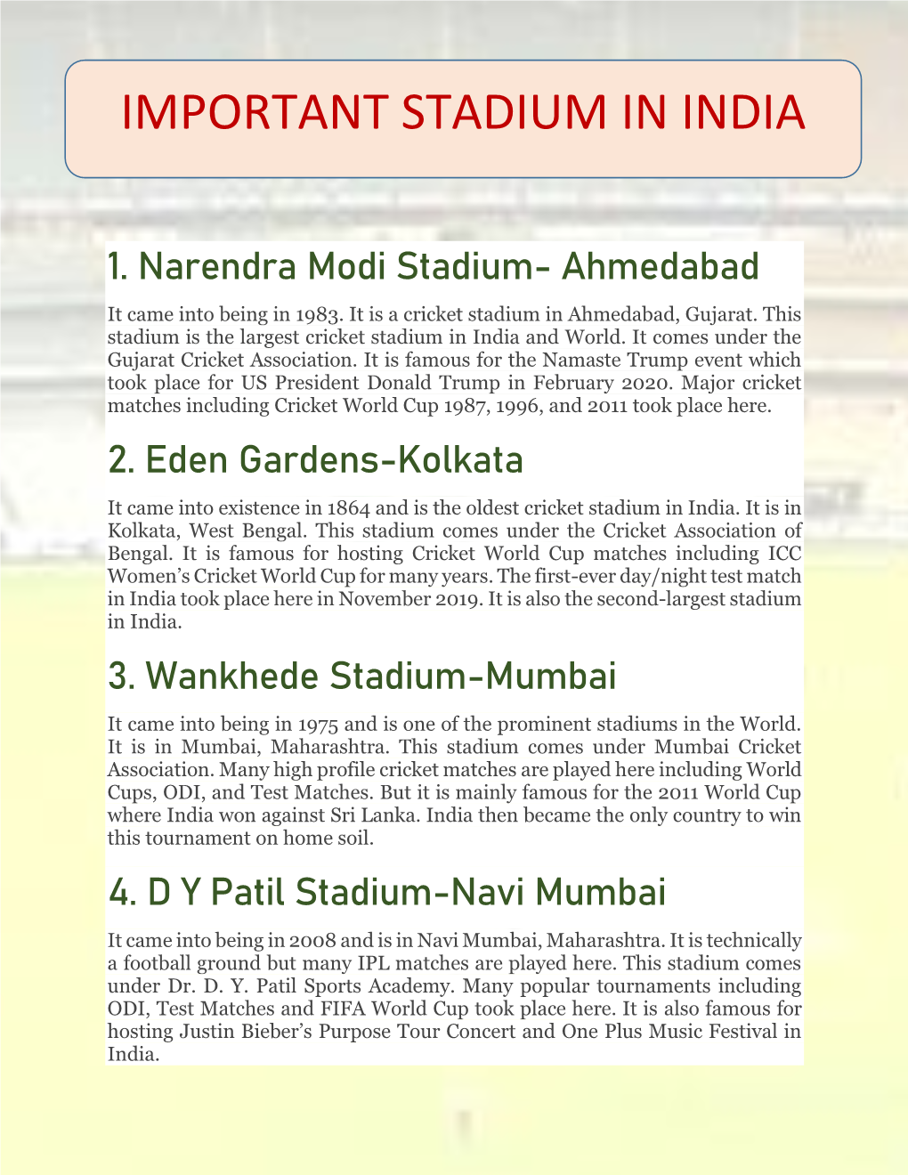 Important Stadium in India