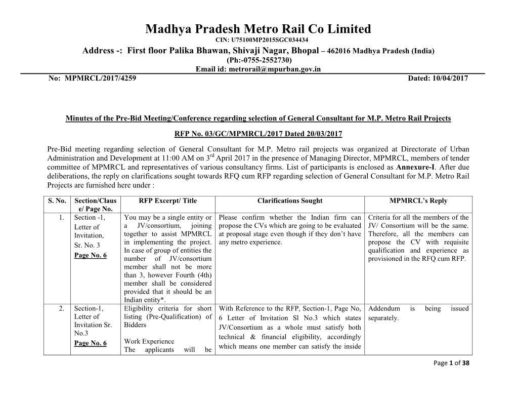 Minutes of the Pre-Bid Meeting/Conference Regarding Selection of General Consultant for M.P