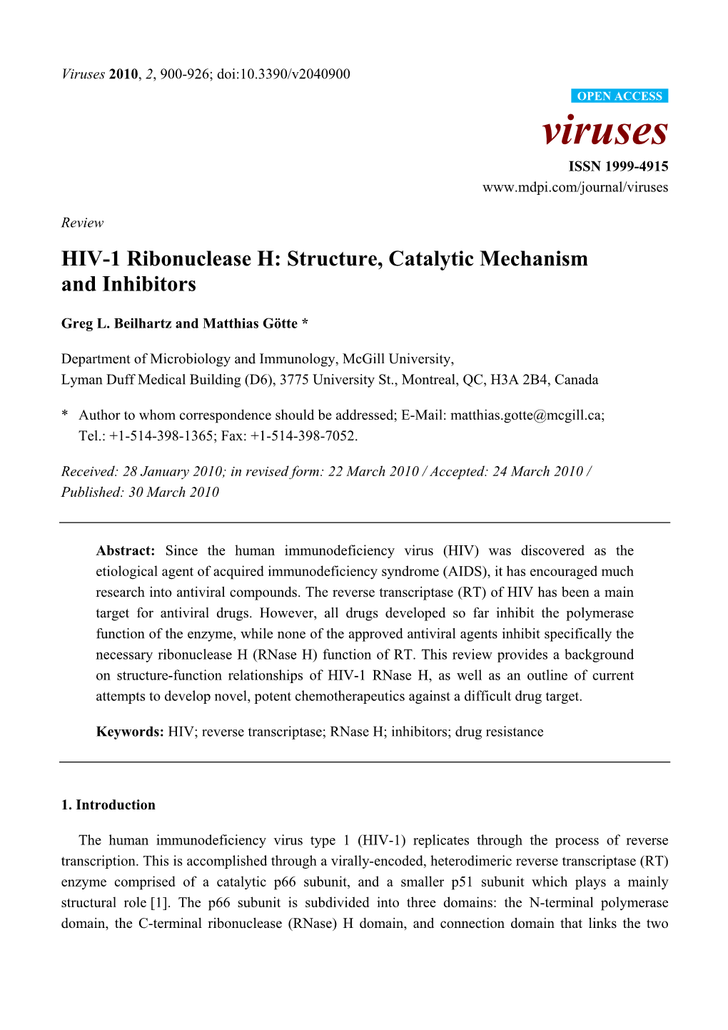 HIV-1 Ribonuclease H: Structure, Catalytic Mechanism and Inhibitors