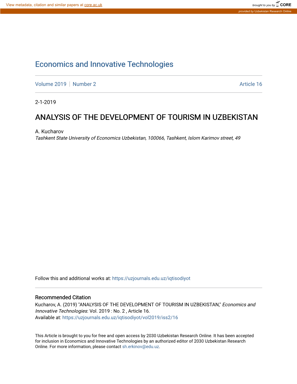 Analysis of the Development of Tourism in Uzbekistan