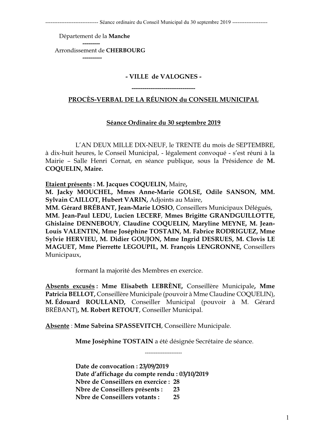 PROCÈS-VERBAL DE LA RÉUNION Du CONSEIL MUNICIPAL Séance