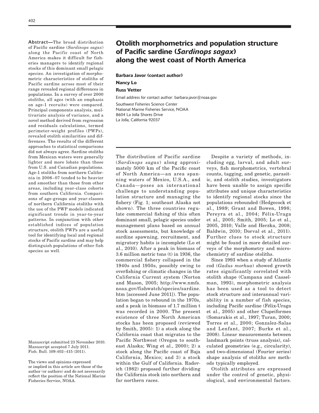 Otolith Morphometrics and Population Structure of Pacific Sardine