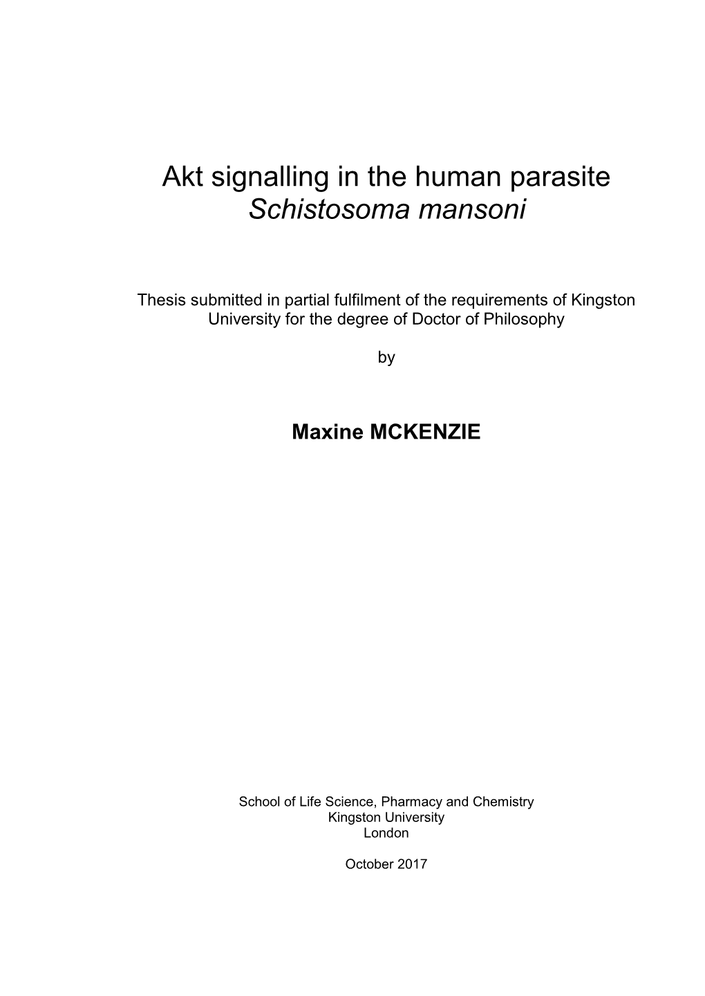 Akt Signalling in the Human Parasite Schistosoma Mansoni