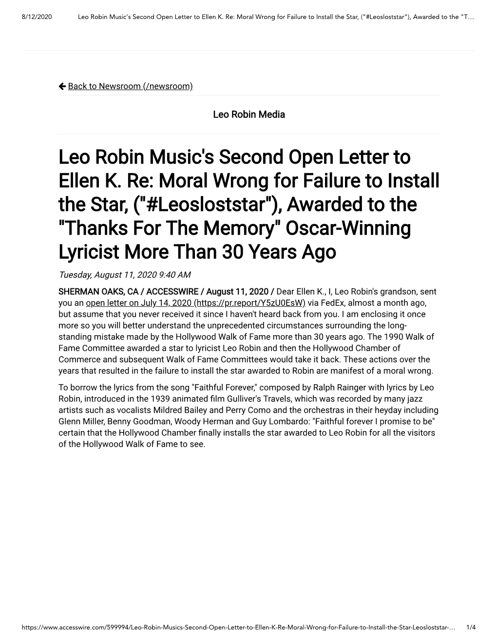 Leo Robin Music's Second Open Letter to Ellen K. Re: Moral Wrong for Failure to Install the Star, ("#Leosloststar"), Awarded to the "T…
