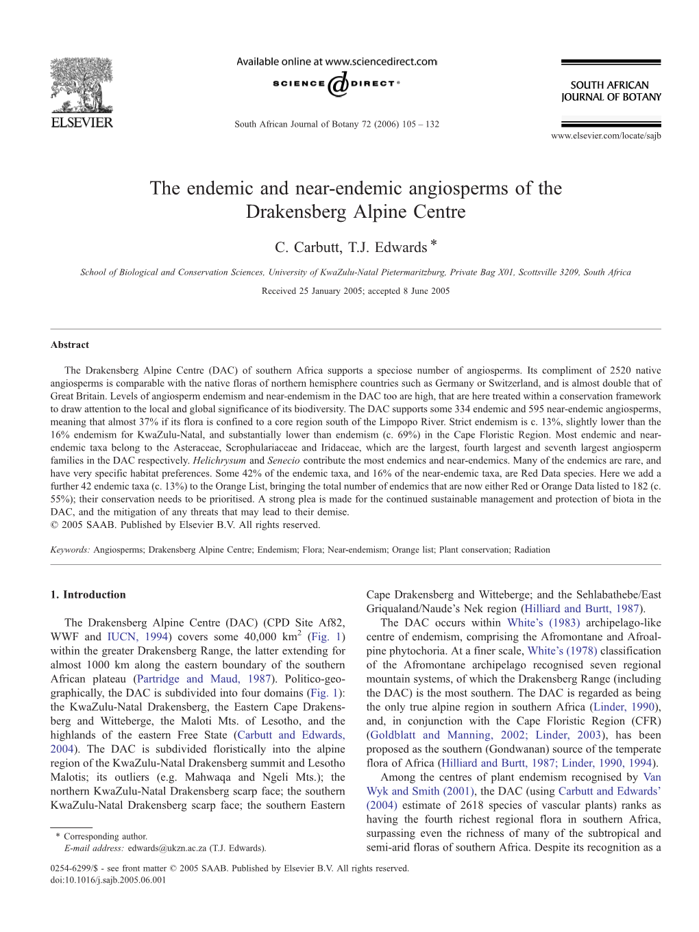 The Endemic and Near-Endemic Angiosperms of the Drakensberg Alpine Centre