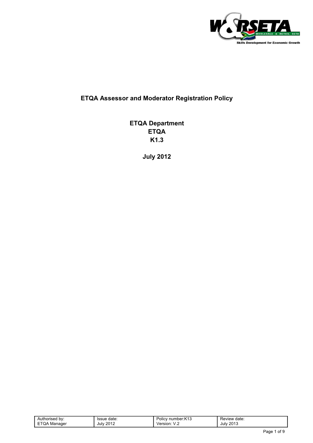 ETQA Assessor and Moderator Registration Policy