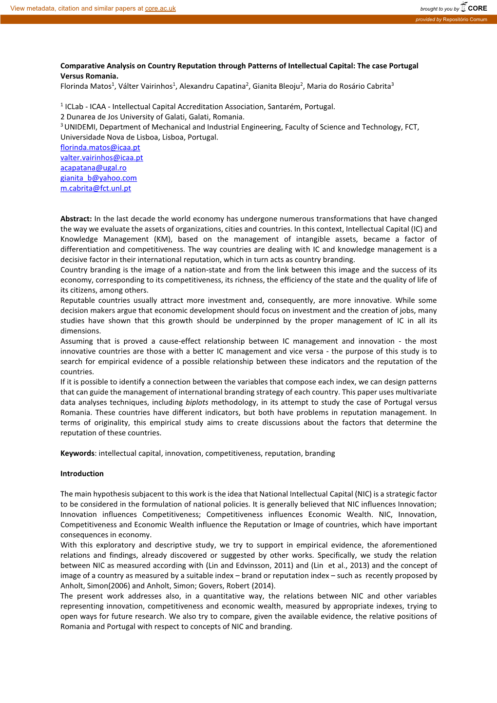 Comparative Analysis on Country Reputation Through Patterns of Intellectual Capital: the Case Portugal Versus Romania