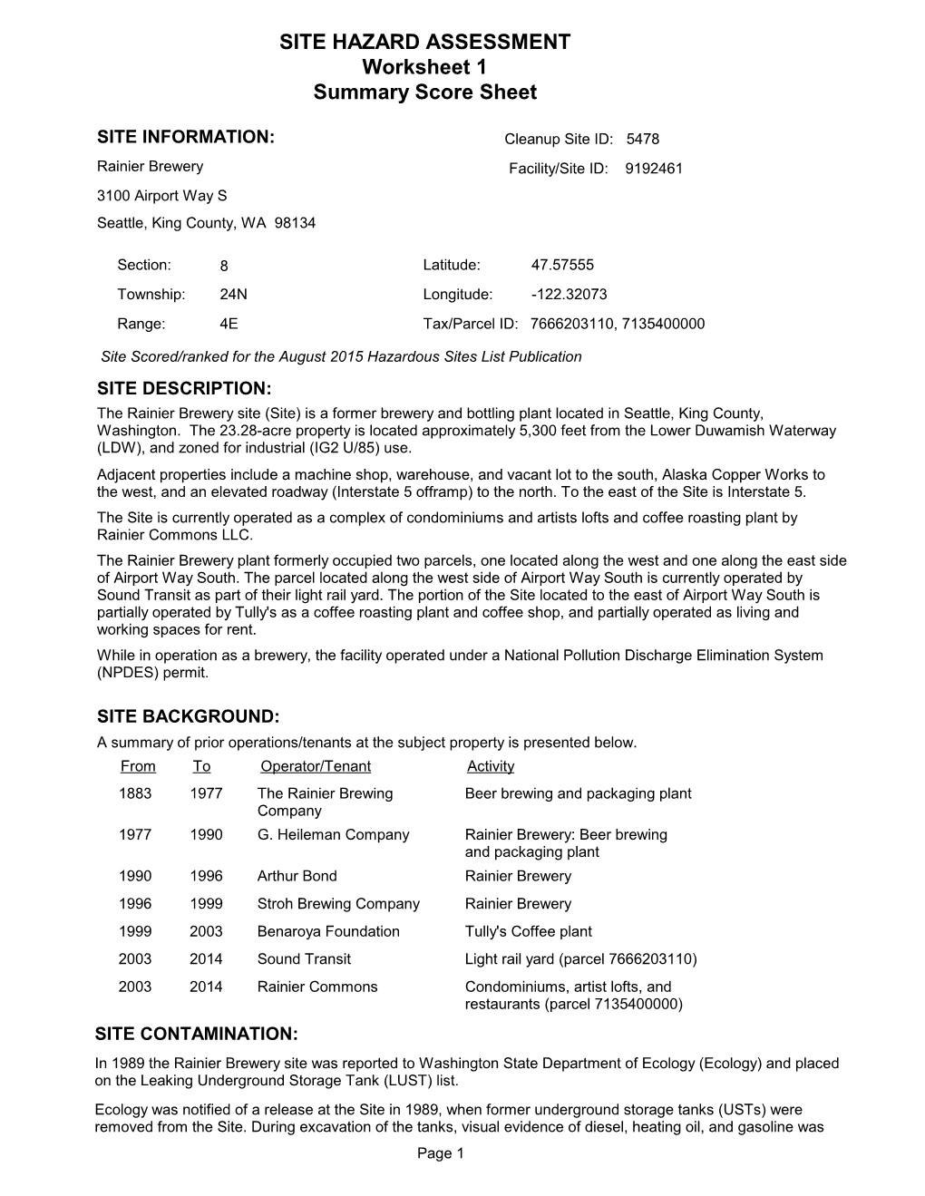 SITE HAZARD ASSESSMENT Worksheet 1 Summary Score Sheet