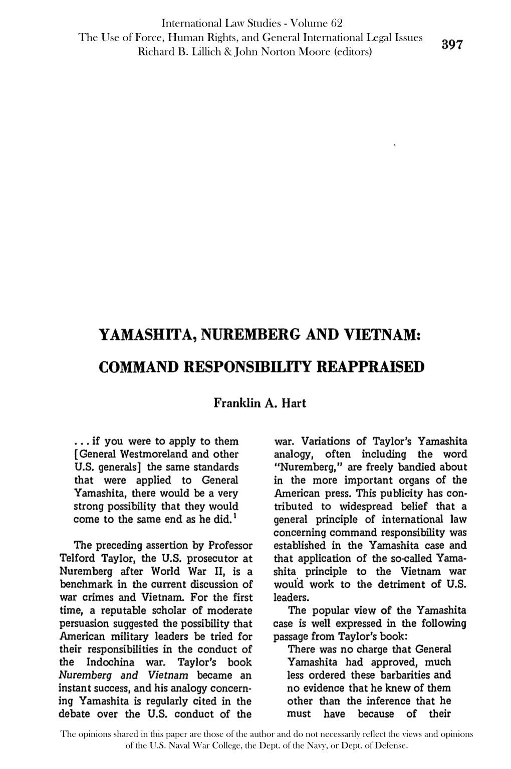 Yamashita, Nuremberg and Vietnam: Command Responsibility Reappraised