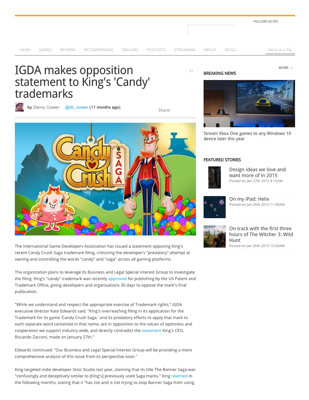 IGDA Makes Opposition Statement to King's 'Candy' Trademarks