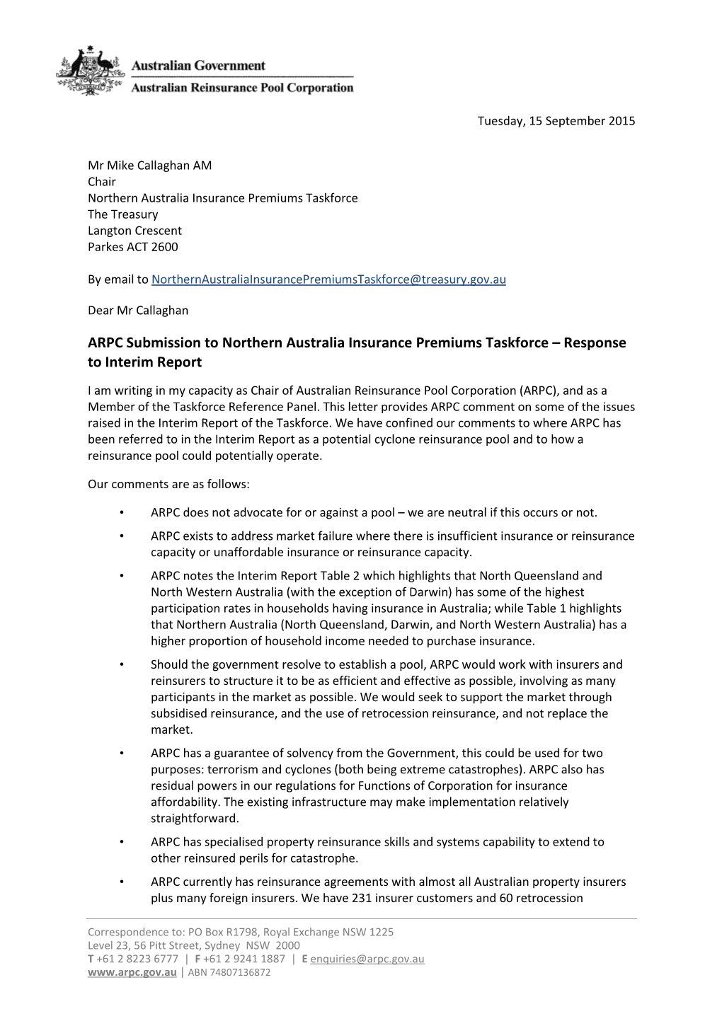 ARPC Submission to Northern Australia Insurance Premiums Taskforce – Response to Interim Report