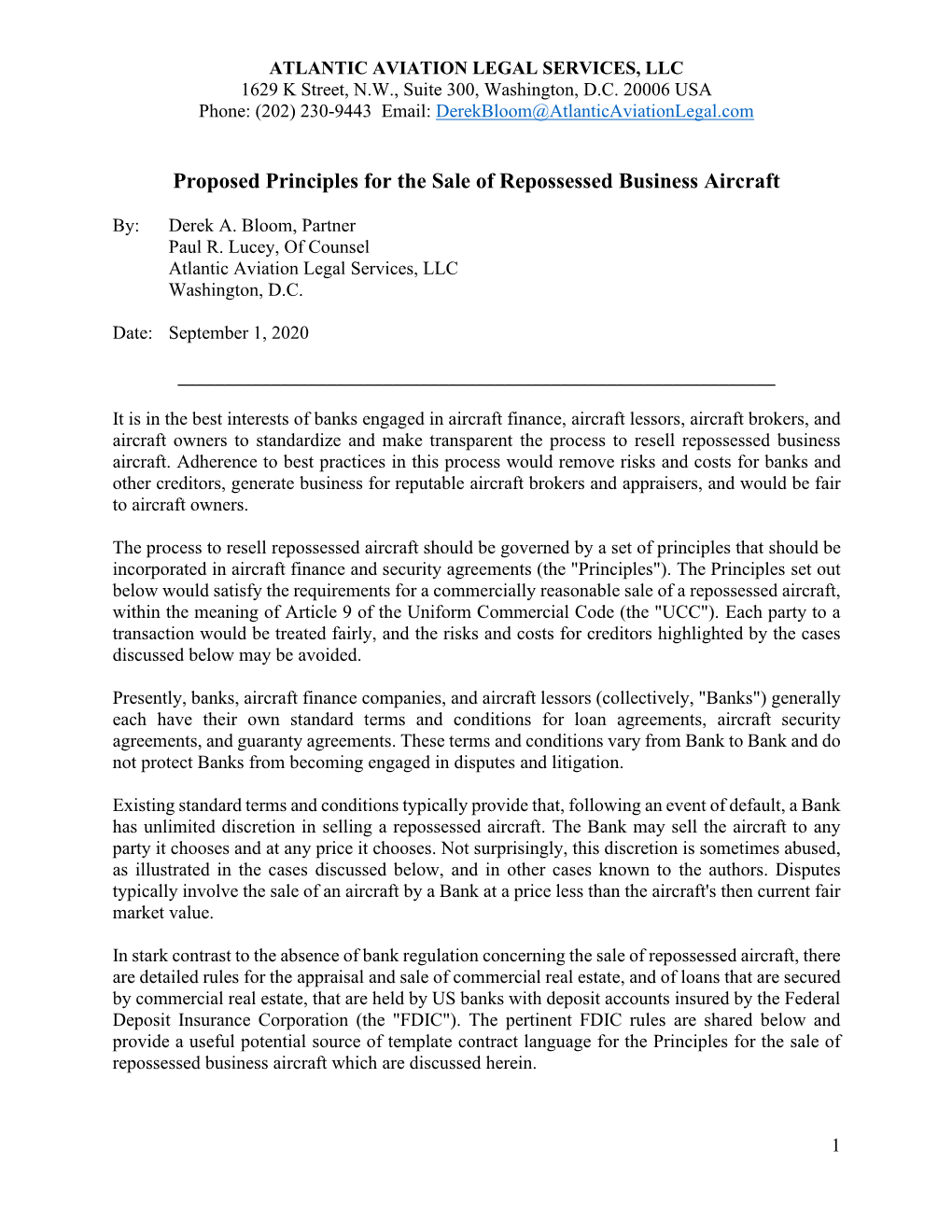 Proposed Principles for the Sale of Repossessed Business Aircraft