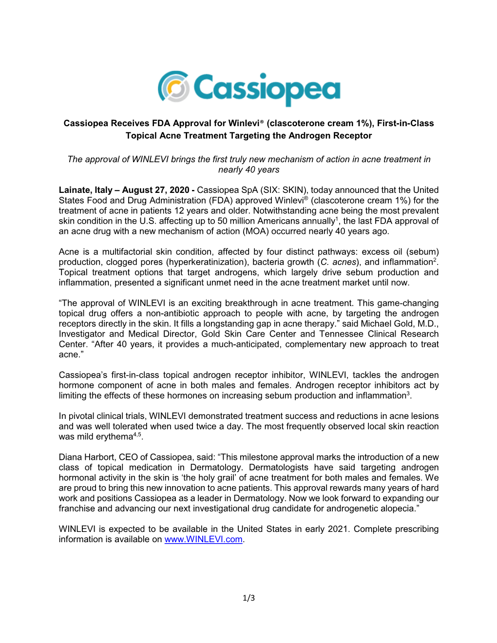 1/3 Cassiopea Receives FDA Approval for Winlevi® (Clascoterone