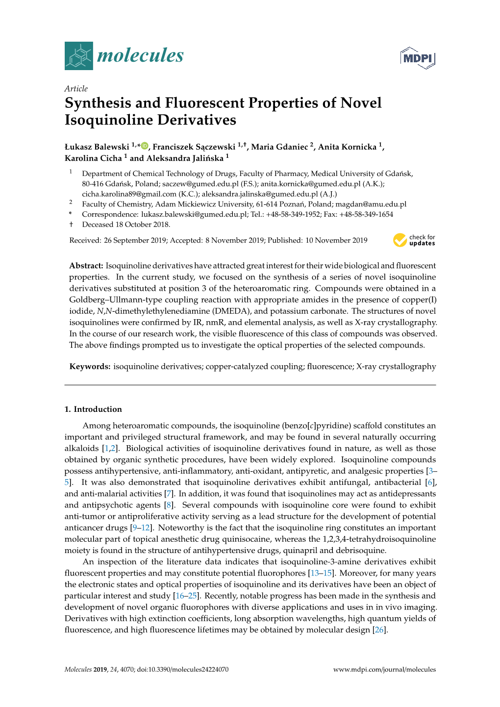 Synthesis and Fluorescent Properties of Novel Isoquinoline Derivatives