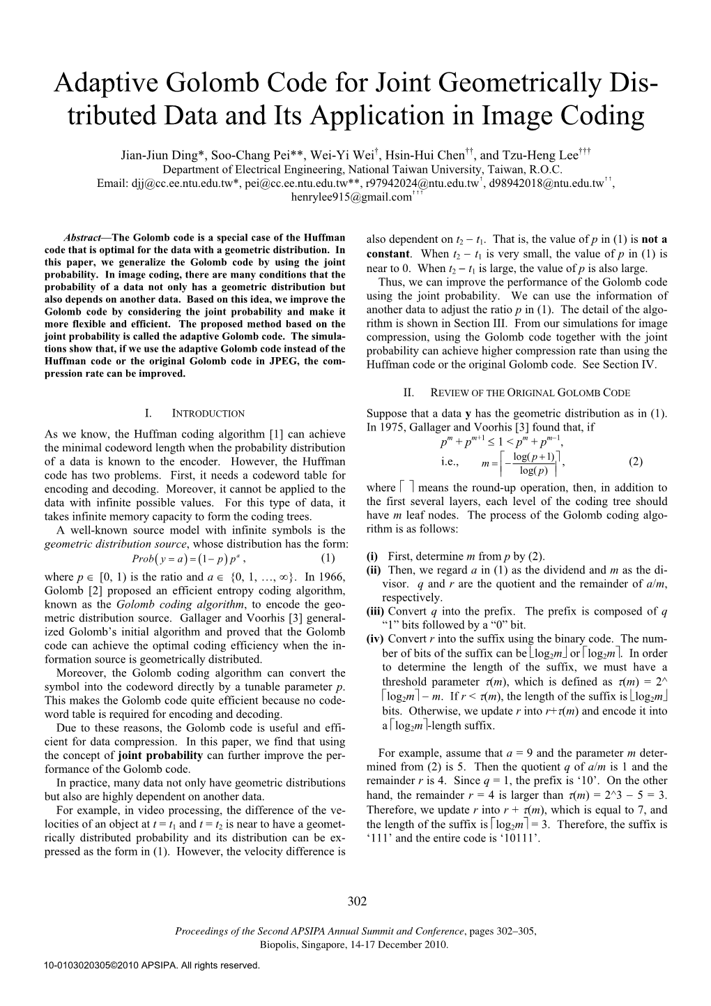 Adaptive Golomb Code for Joint Geometrically Distributed Data and Its Application in Image Coding