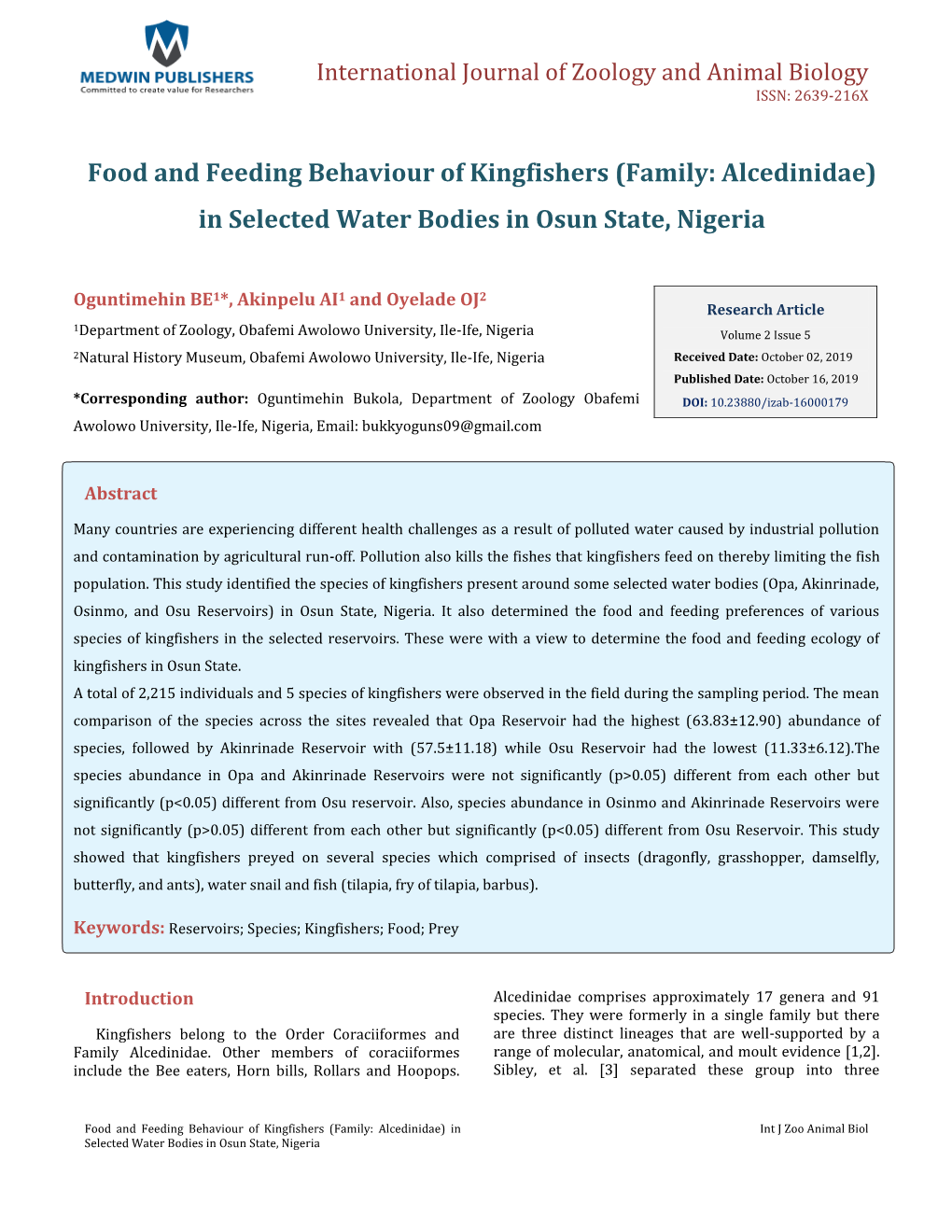 Oguntimehin BE, Et Al. Food and Feeding Behaviour of Kingfishers (Family: Alcedinidae) in Selected Water Bodies in Osun State, N