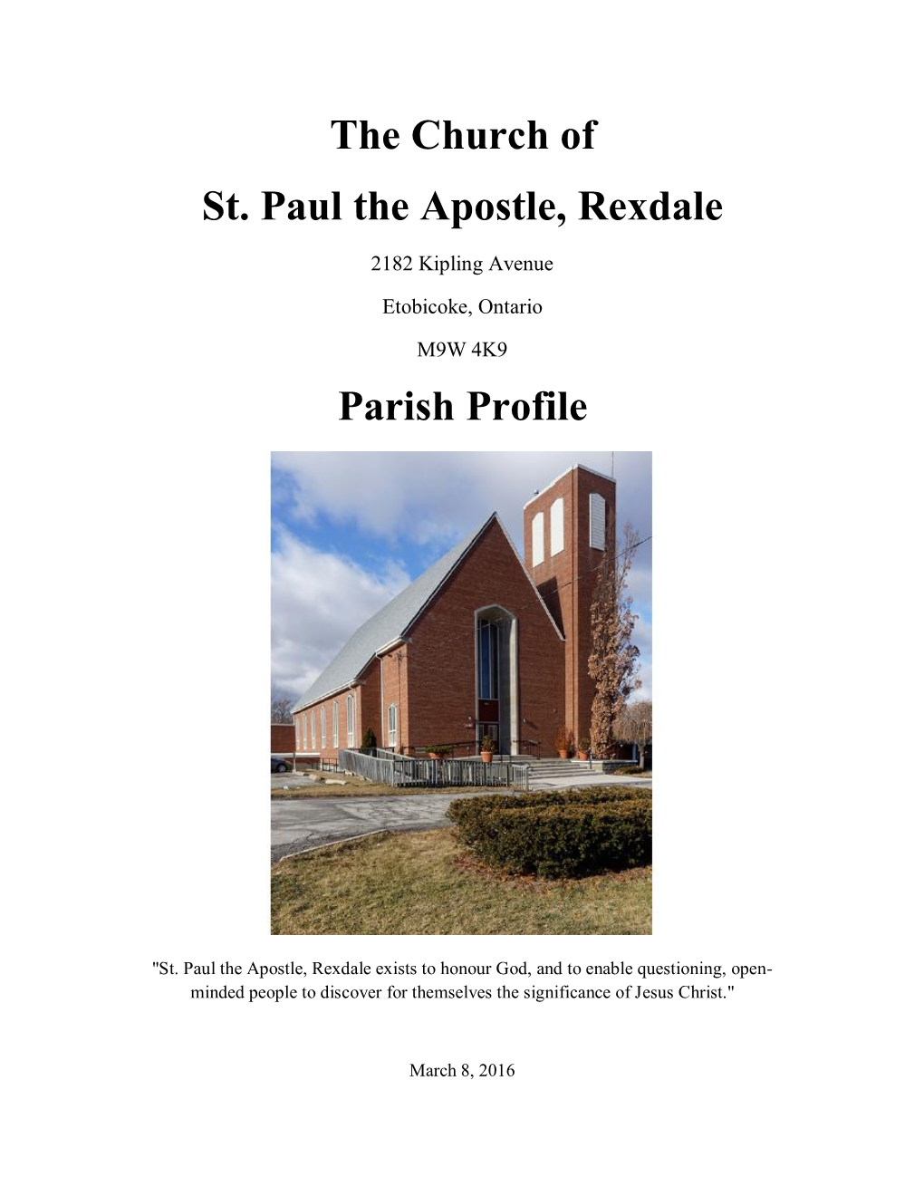 The Church of St. Paul the Apostle, Rexdale Parish Profile