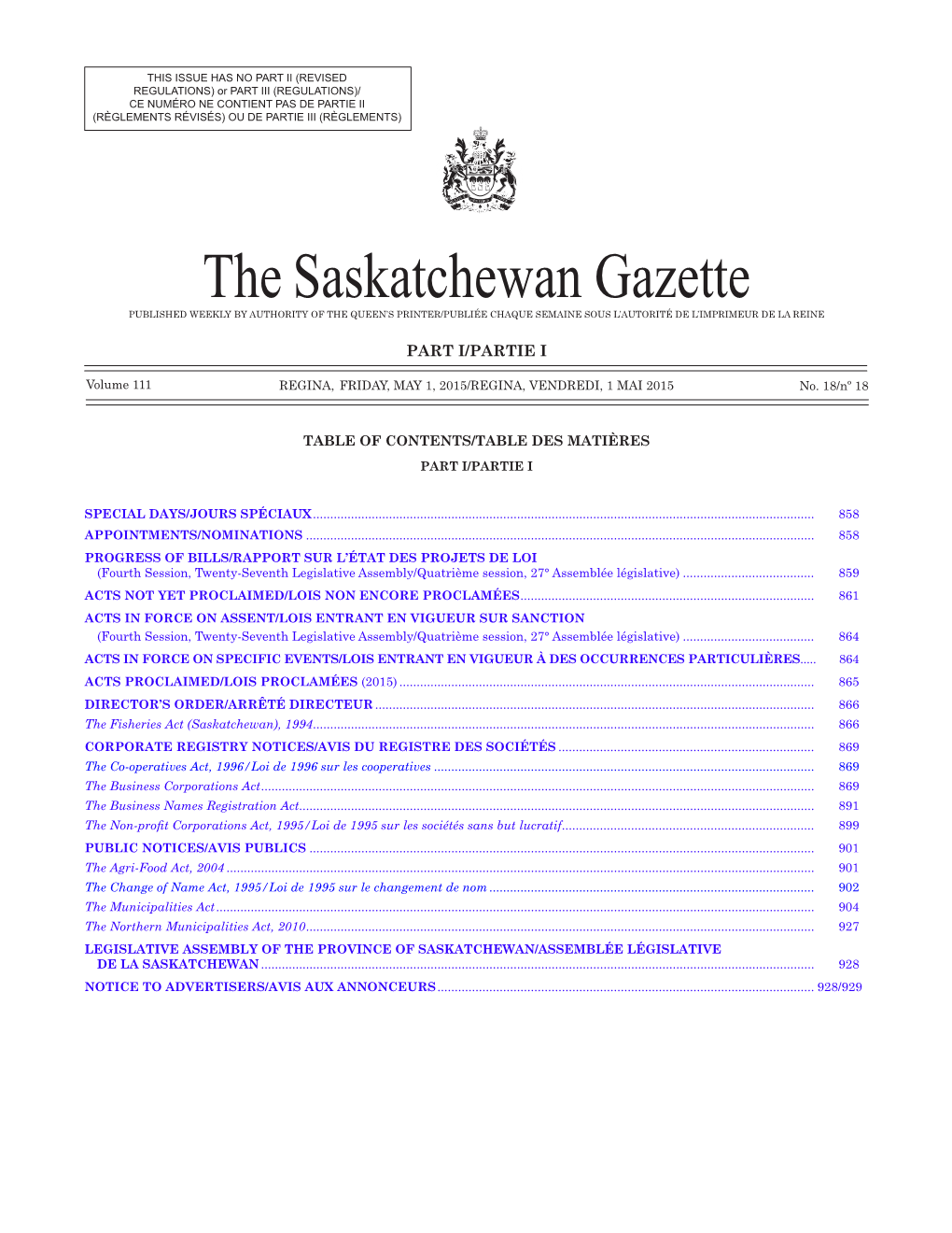 Gazette Part I, May 1, 2015