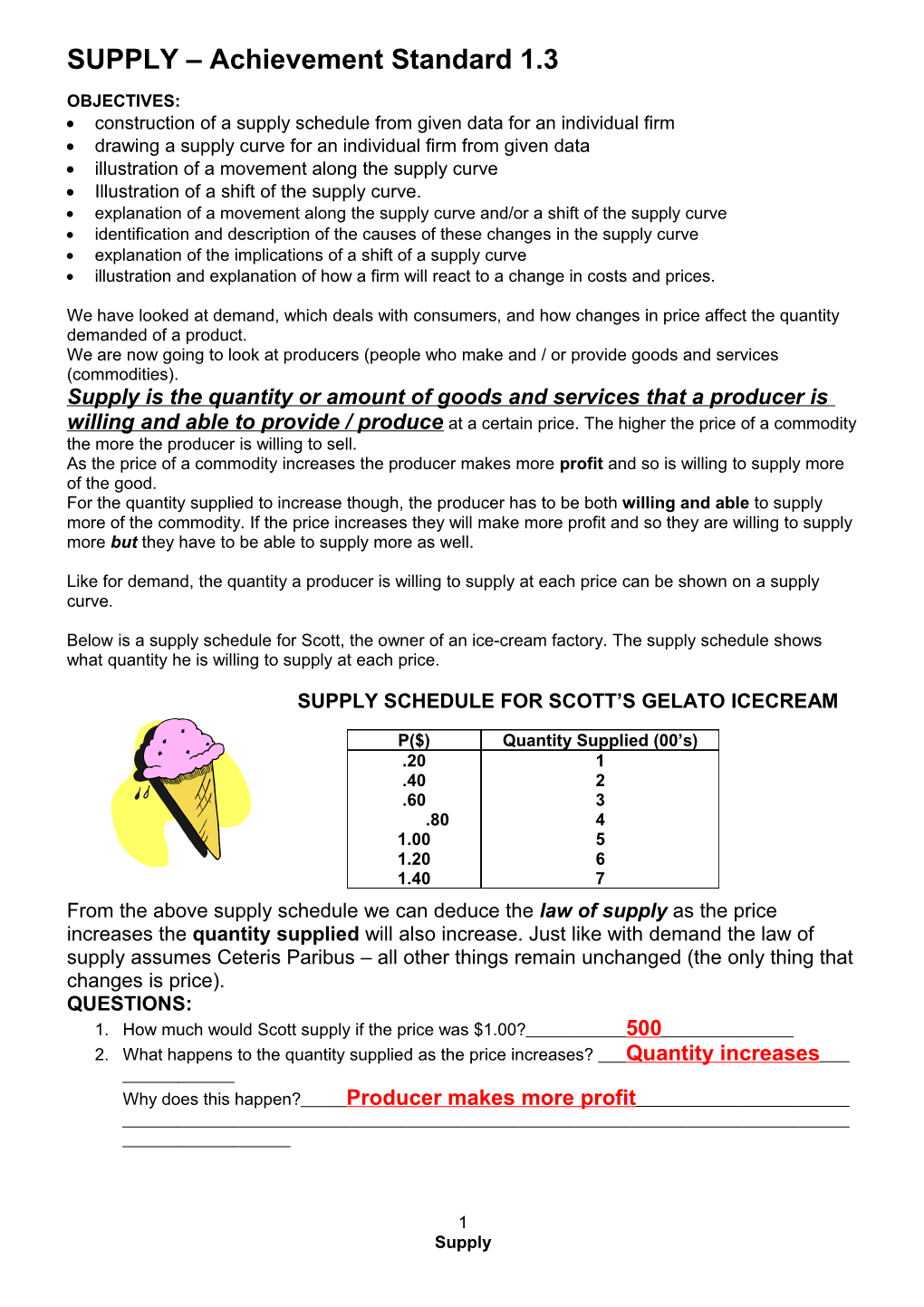 SUPPLY Achievement Standard 1.3