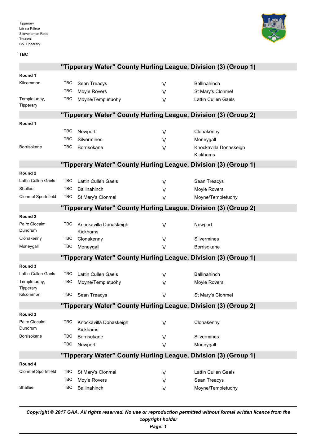 Tipperary Water County Hurling League Div 3 2017