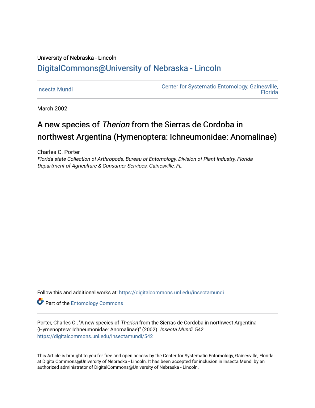 A New Species of Therion from the Sierras De Cordoba in Northwest Argentina (Hymenoptera: Ichneumonidae: Anomalinae)