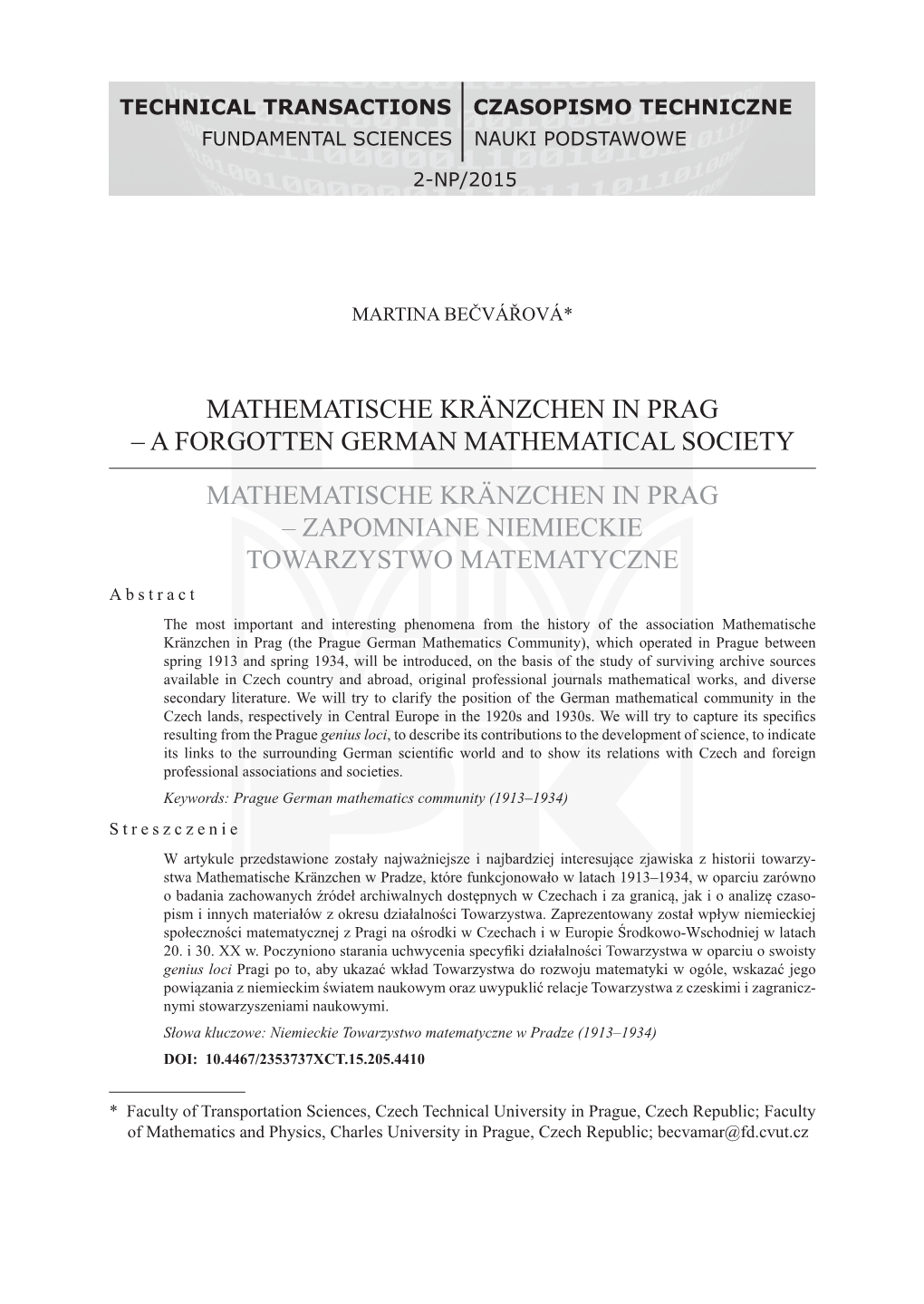 Mathematische Kränzchen in Prag – a Forgotten German Mathematical Society