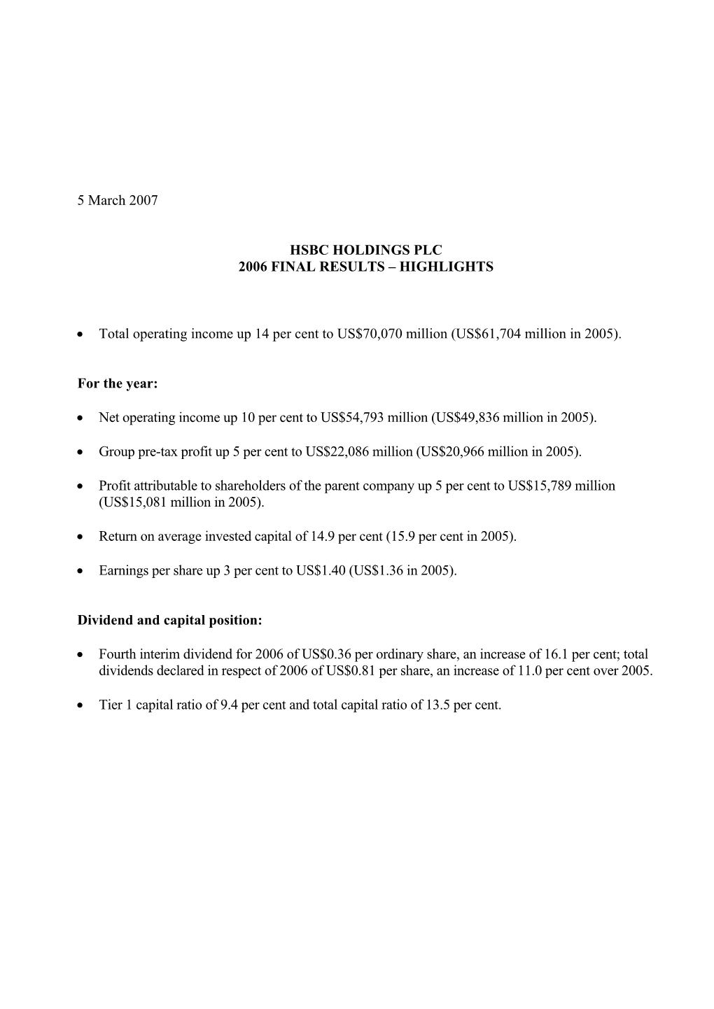 Hsbc Holdings Plc 2006 Final Results – Highlights