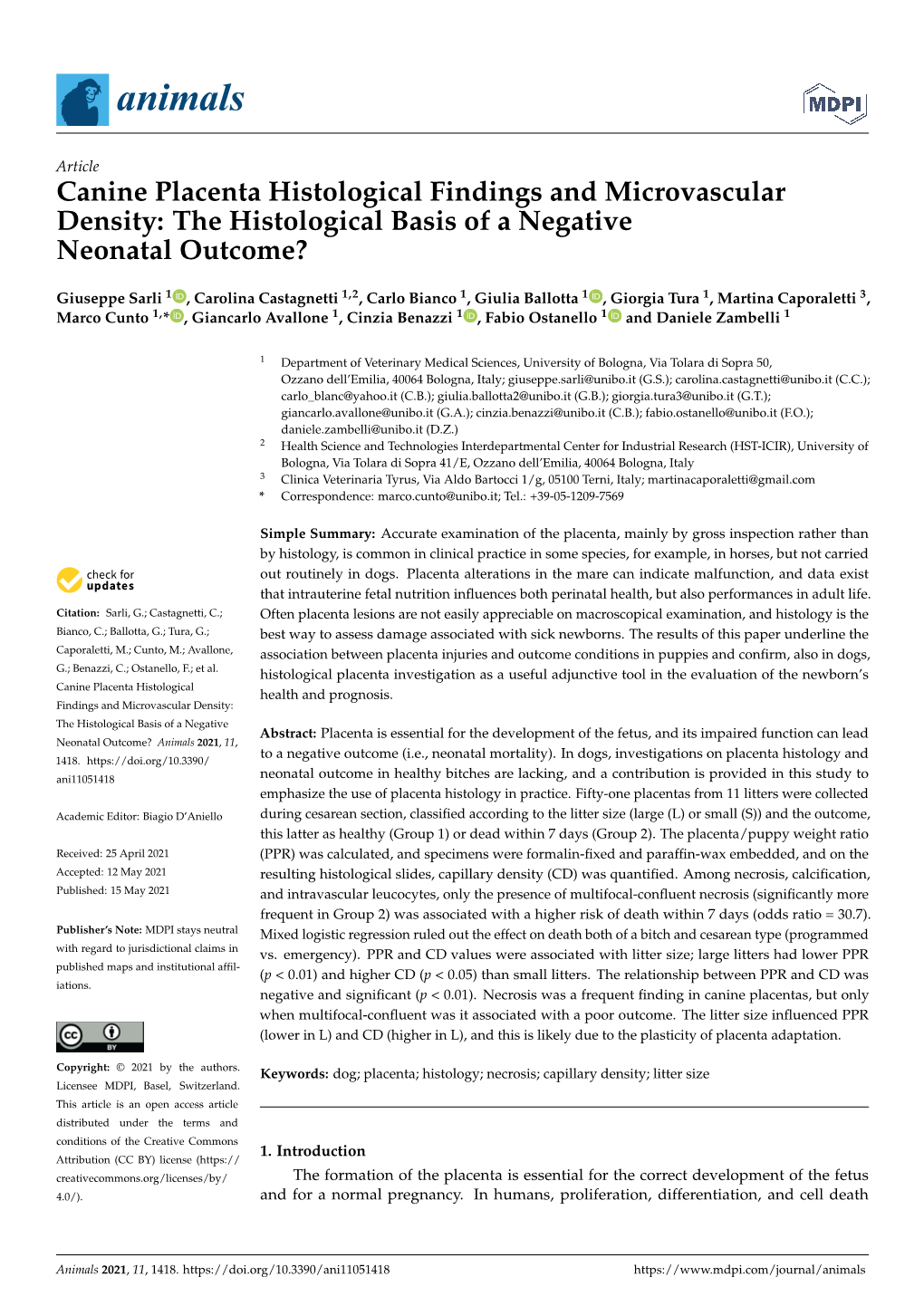 Canine Placenta Histological Findings and Microvascular Density: the Histological Basis of a Negative Neonatal Outcome?