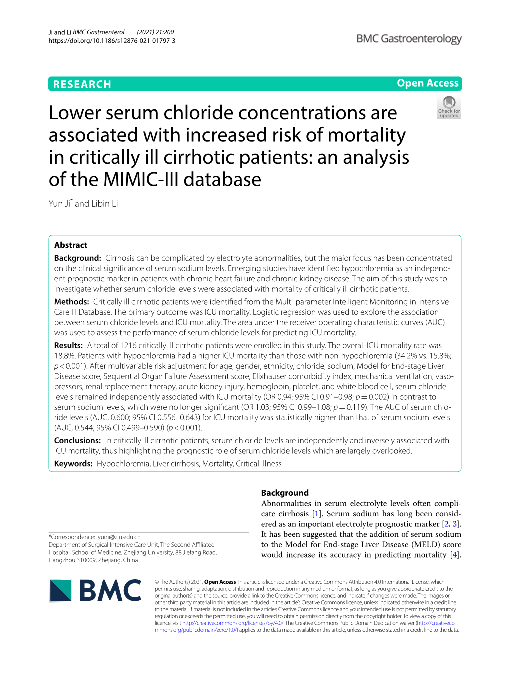 Lower Serum Chloride Concentrations Are Associated with Increased Risk