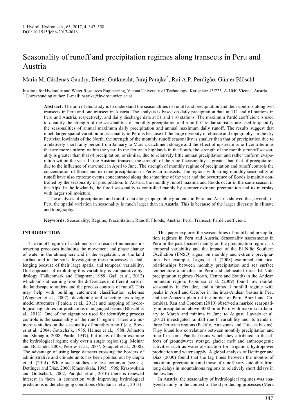 Seasonality of Runoff and Precipitation Regimes Along Transects in Peru and Austria