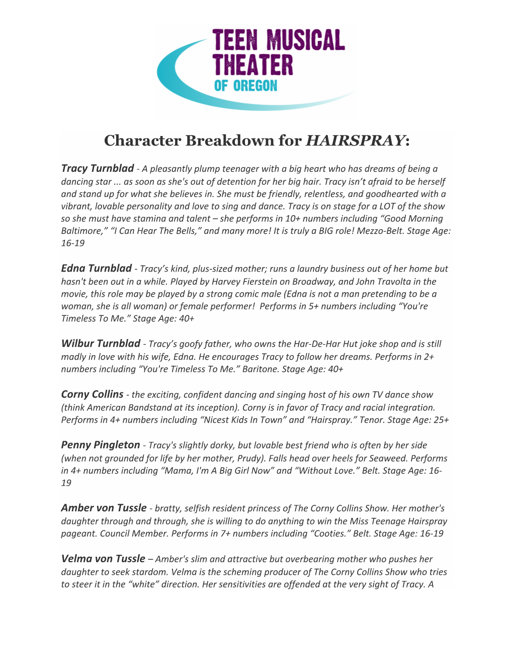 Character Breakdown for HAIRSPRAY