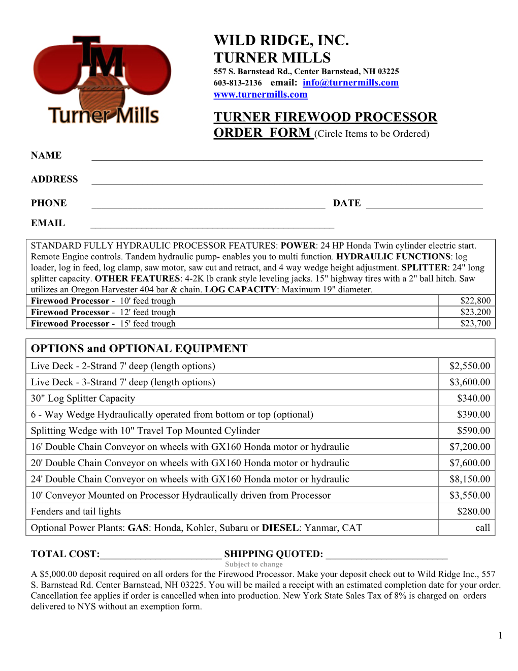 FIREWOOD PROCESSOR ORDER FORM (Circle Items to Be Ordered)