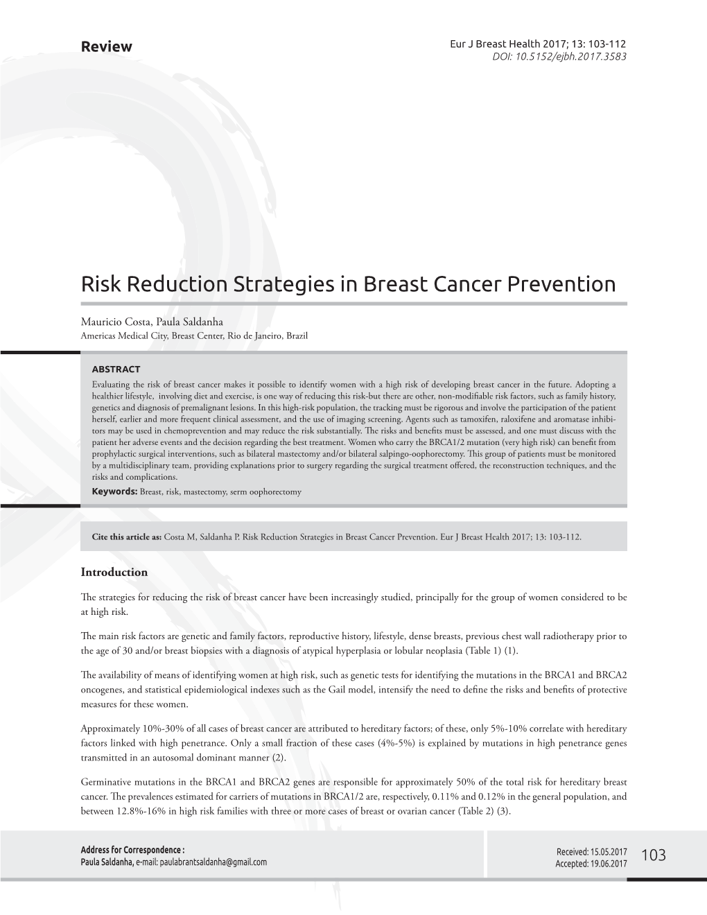 Risk Reduction Strategies in Breast Cancer Prevention