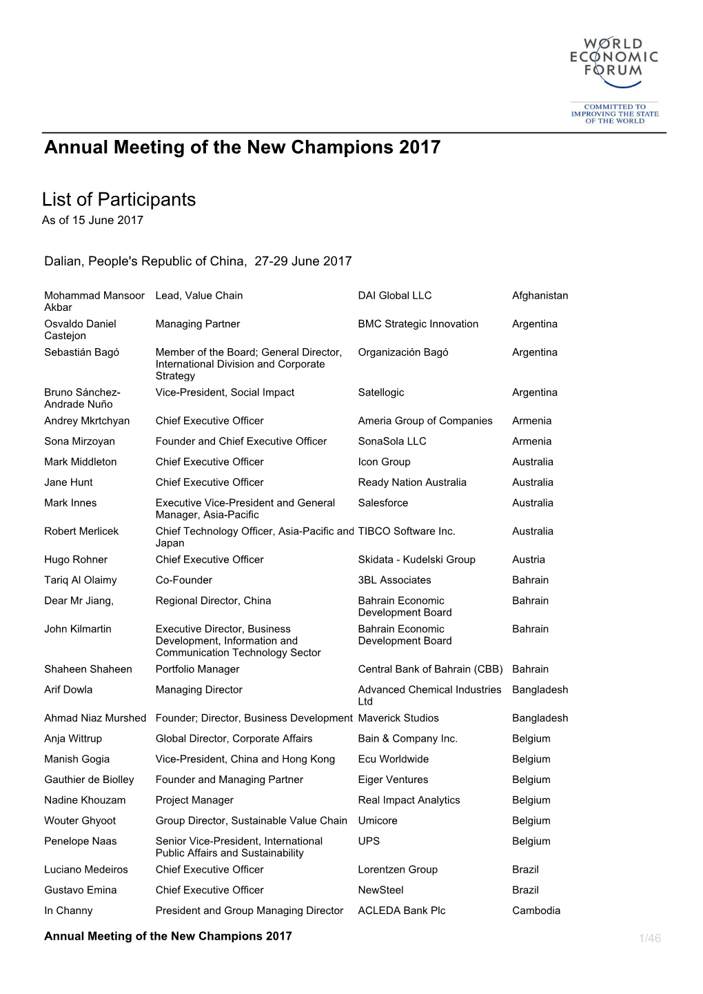 List of Participants As of 15 June 2017