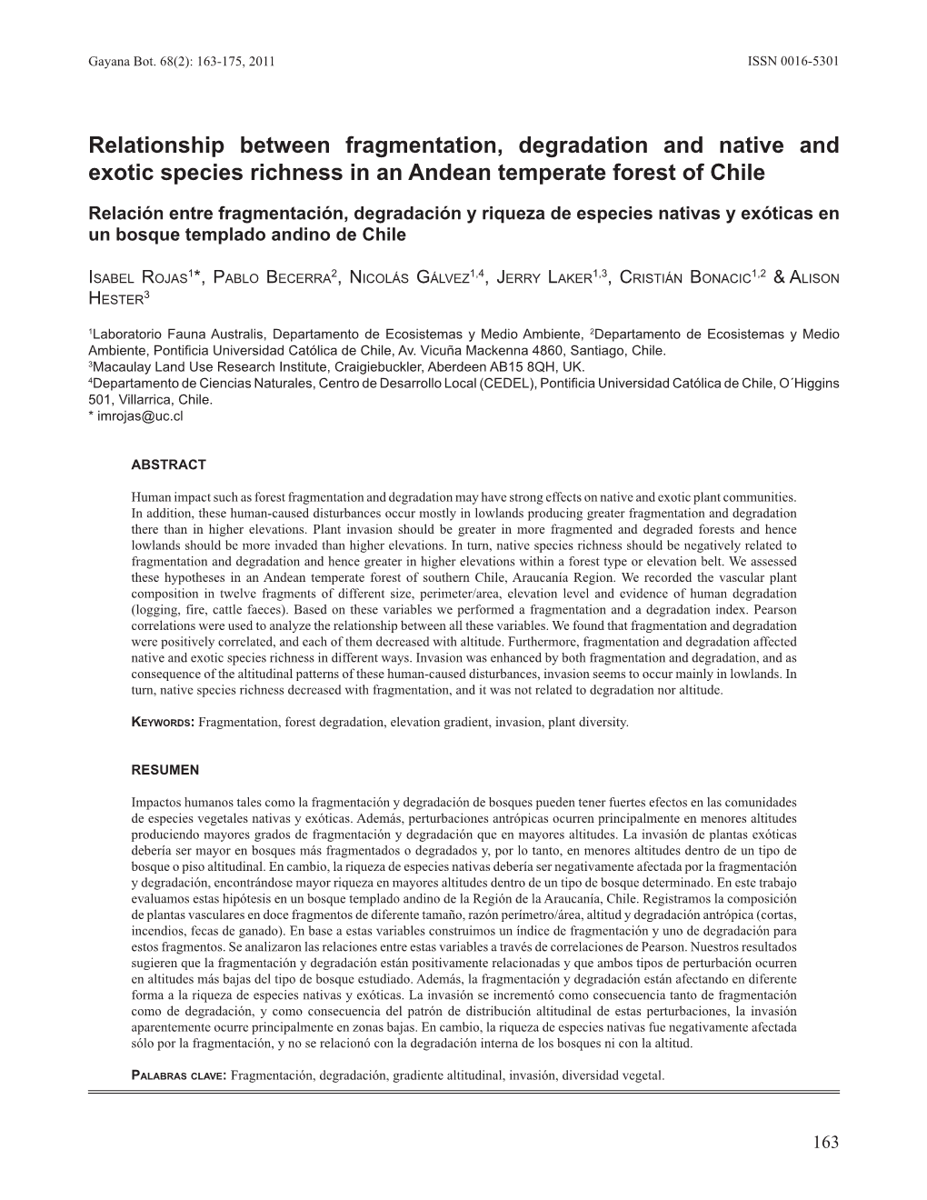 Relationship Between Fragmentation, Degradation and Native and Exotic Species Richness in an Andean Temperate Forest of Chile