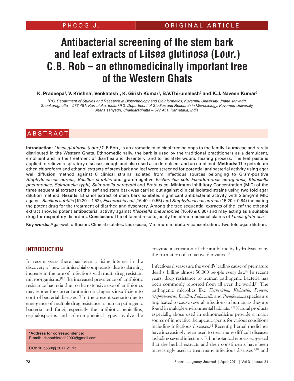 Antibacterial Screening of the Stem Bark and Leaf Extracts of Litsea Glutinosa (Lour.) C.B