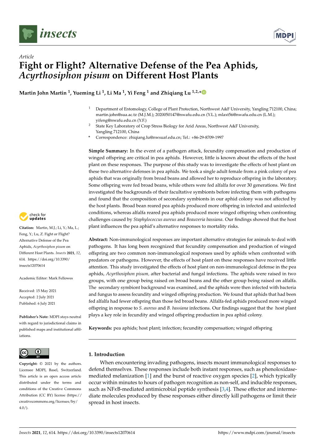 Alternative Defense of the Pea Aphids, Acyrthosiphon Pisum on Different Host Plants