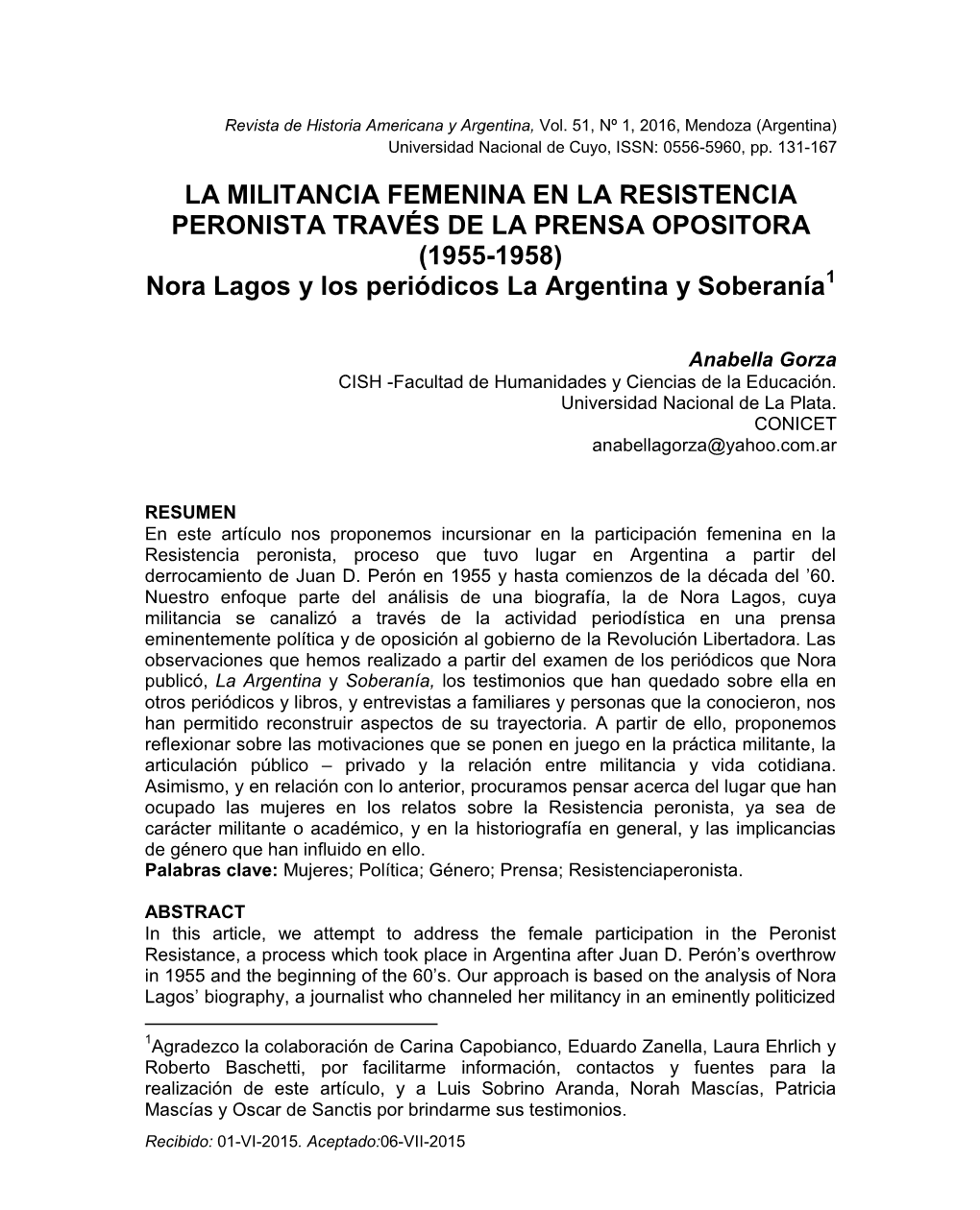 La Militancia Femenina En La Resistencia Peronista a Través De La