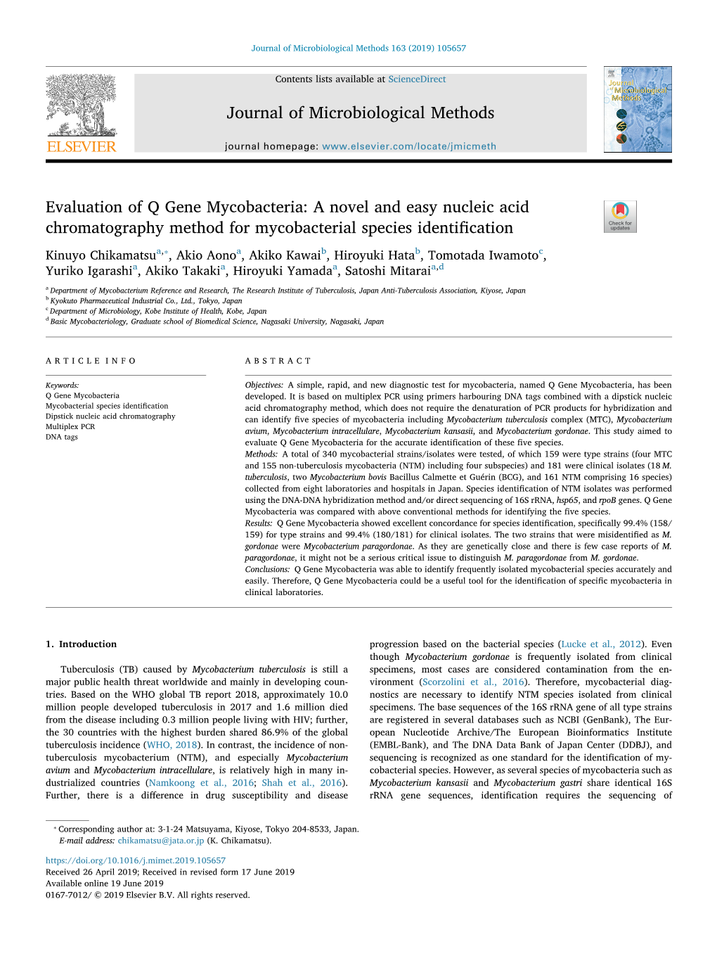 Journal of Microbiological Methods Evaluation of Q Gene Mycobacteria: a Novel and Easy Nucleic Acid Chromatography Method for My