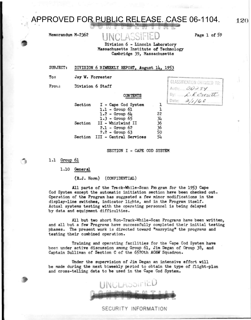 UNCLASSIFIED Page 1 of 59 Division 6 - Lincoln Laboratory Massachusetts Institute of Technology Cambridge 39, Massachusetts