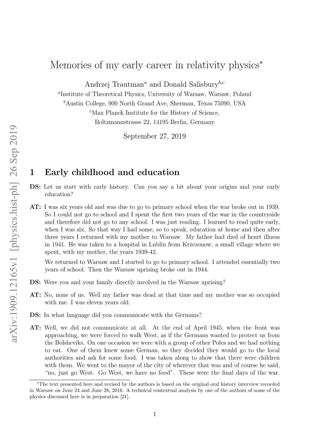 Memories of My Early Career in Relativity Physics Arxiv:1909.12165V1