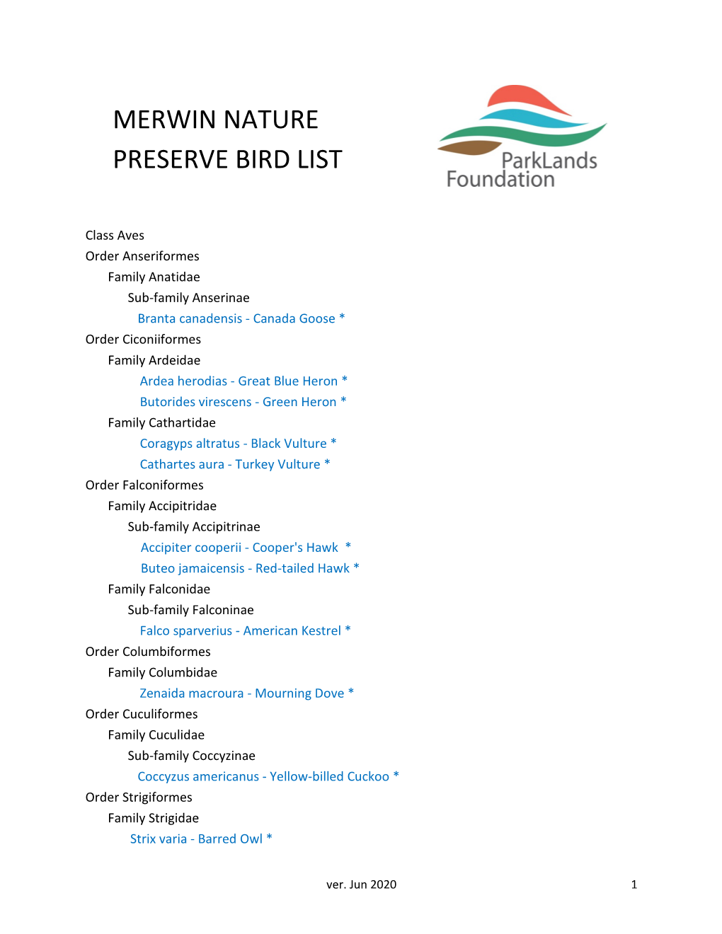 Merwin Nature Preserve Bird List