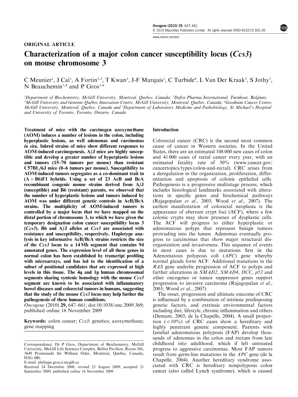 Characterization of a Major Colon Cancer Susceptibility Locus (Ccs3) on Mouse Chromosome 3