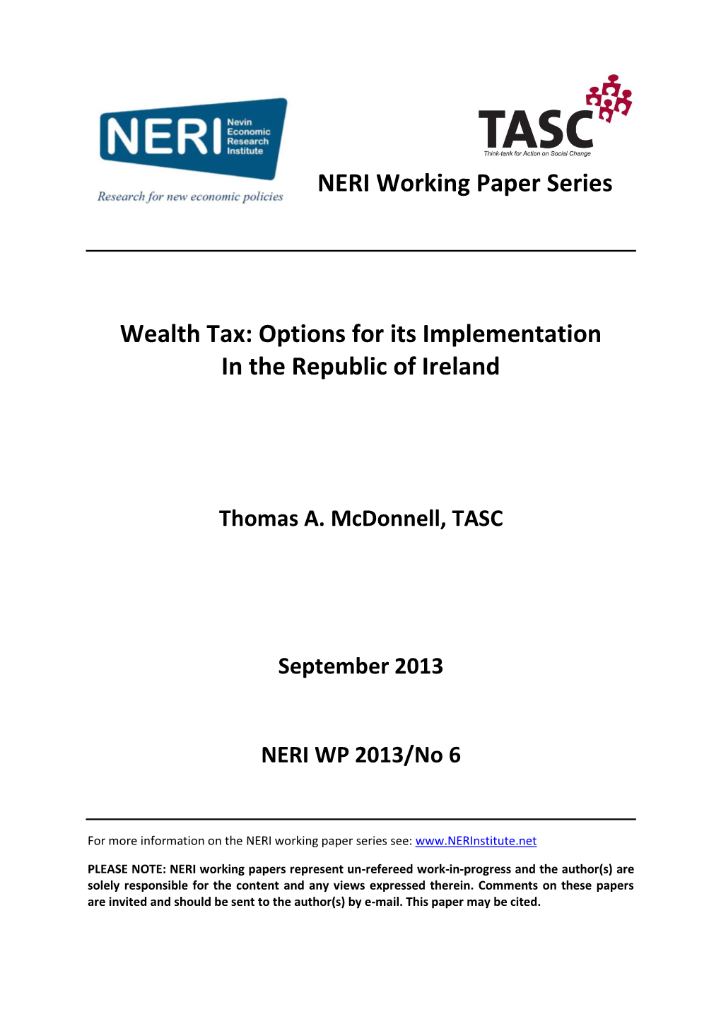 NERI Working Paper Series Wealth Tax: Options for Its Implementation