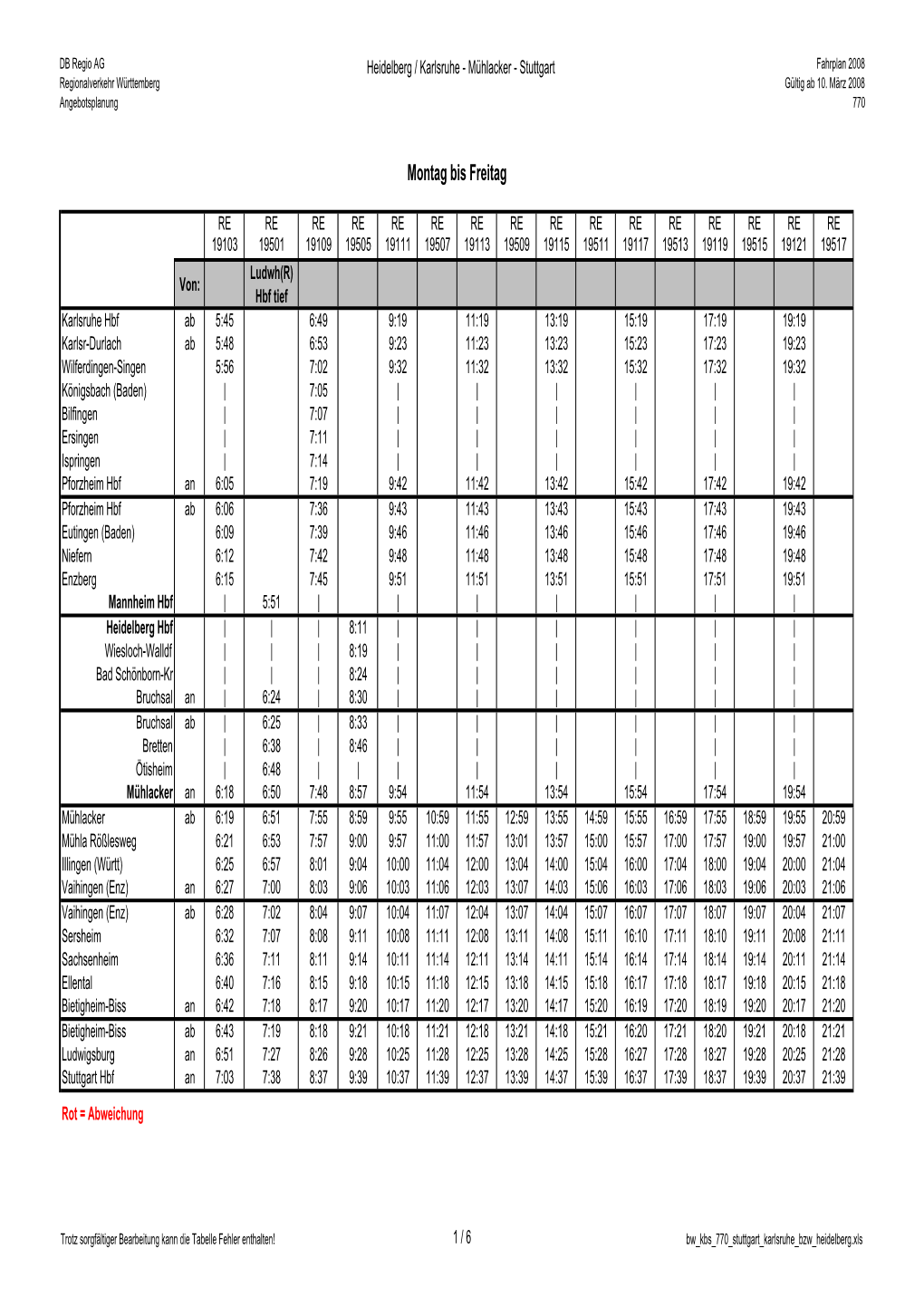 Heidelberg / Karlsruhe - Mühlacker - Stuttgart Fahrplan 2008 Regionalverkehr Württemberg Gültig Ab 10