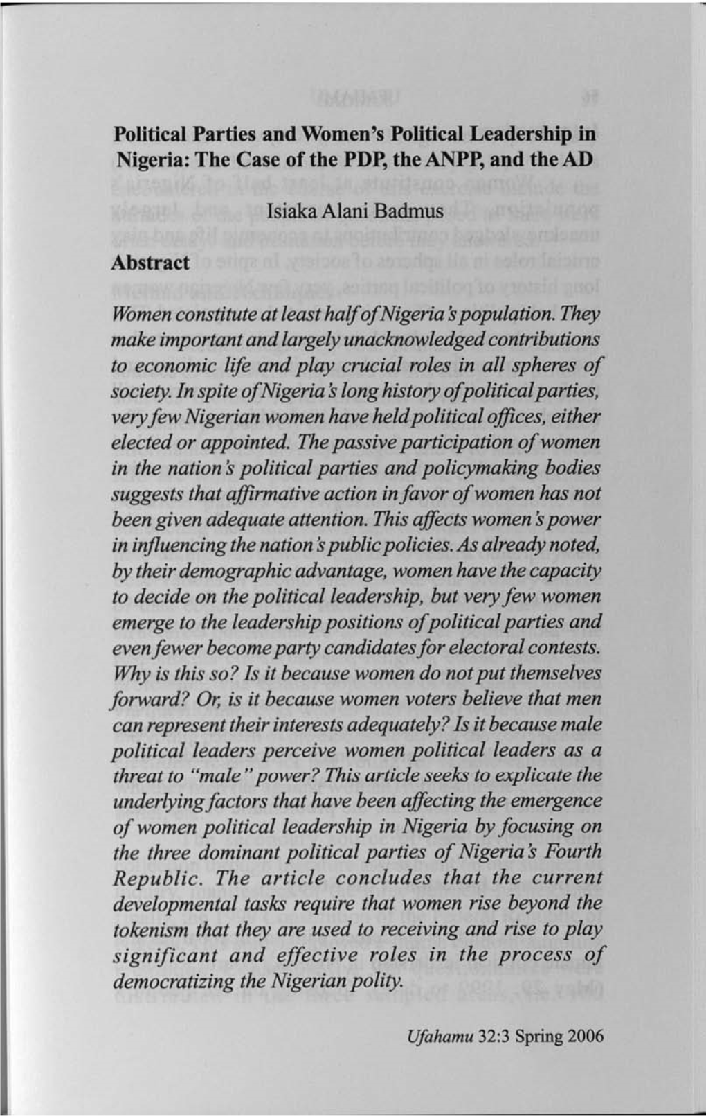 Political Parties and Women's Poutlcal Leadership in Nigeria: the Case of the Pdp, the ANPP, and the AD