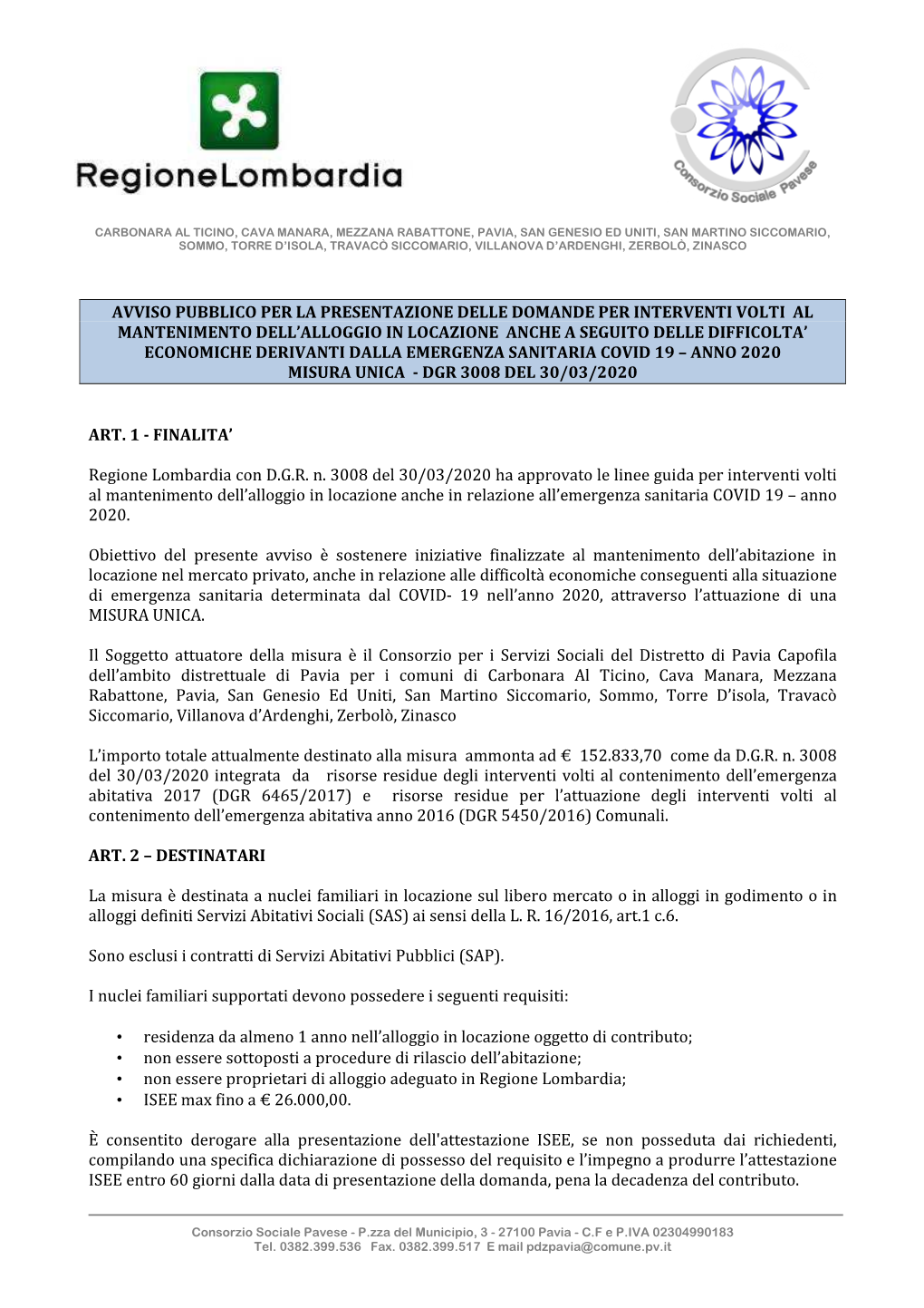 AVVISO PUBBLICO DGR 3008 DEL 30 03 2020 Pavia .Pdf